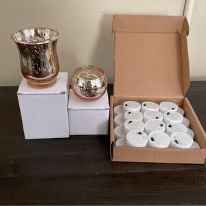 30 of each. Two sizes Votive candle holders and tea lights.